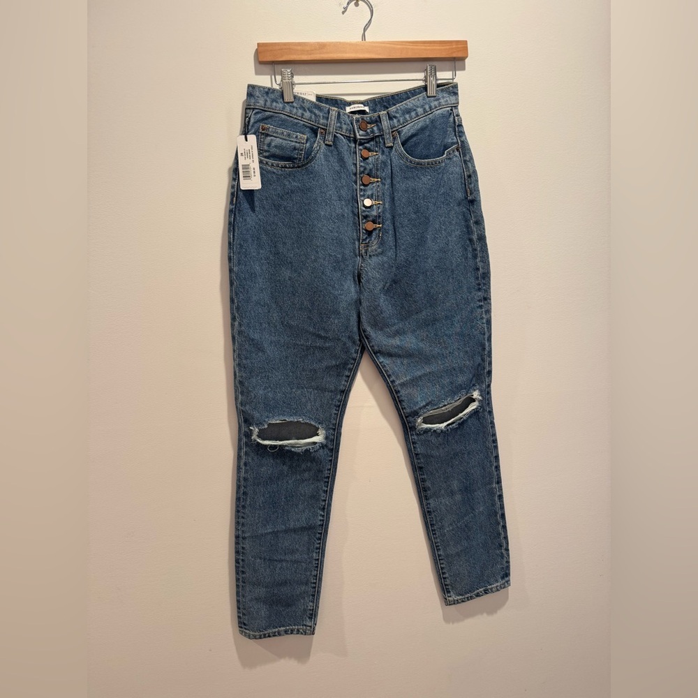 High-Rise Button-Fly Distressed Mom Jeans - Blue